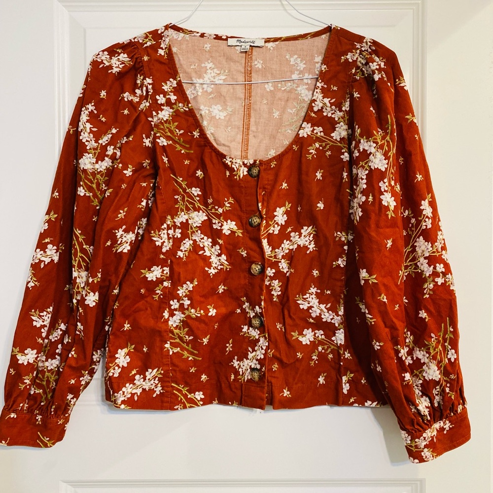 Madewell Corduroy Blouse Button Down Burnt Orange Floral